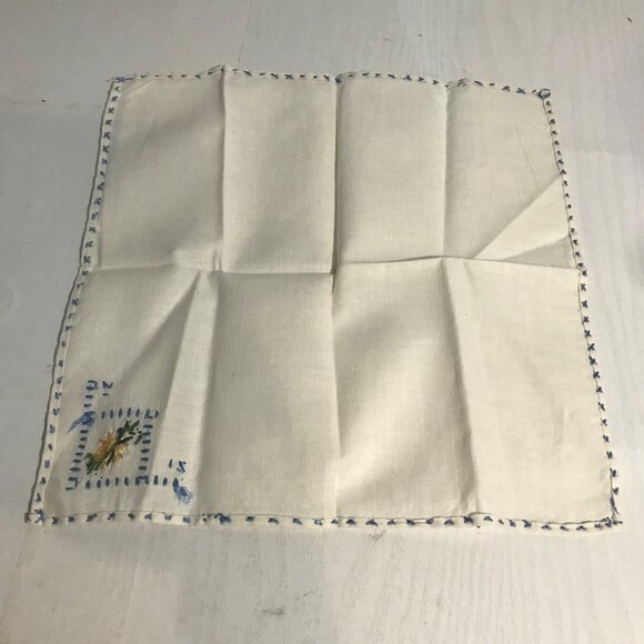 Vintage Linen Hanky Hand Embroidered With Blue Cross Stitch Border & Floral - Picture 5 of 5